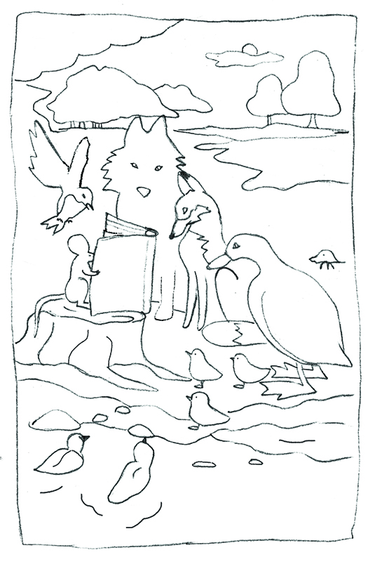 Dessin à colorier proposé par Giulia Vetri. Il s'agit d'un dessin de recherche pour l'affiche de l'opération. Une souris est assise sur une souche d'arbre et lit un livre à plusieurs animaux regroupés devant elle